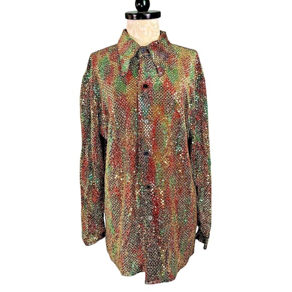 Vintage Gold Lame Sequin Disco Button Down Blouse - Picture 1 of 12